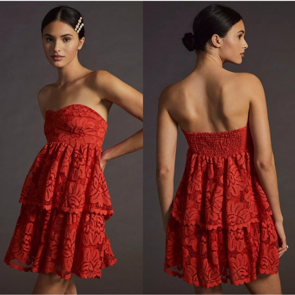 Anthropologie Maeve Strapless Lace Mini Dress - Orange Red, Size M